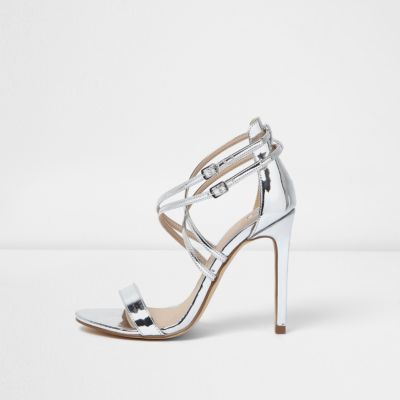 Silver metallic barely there strappy heels